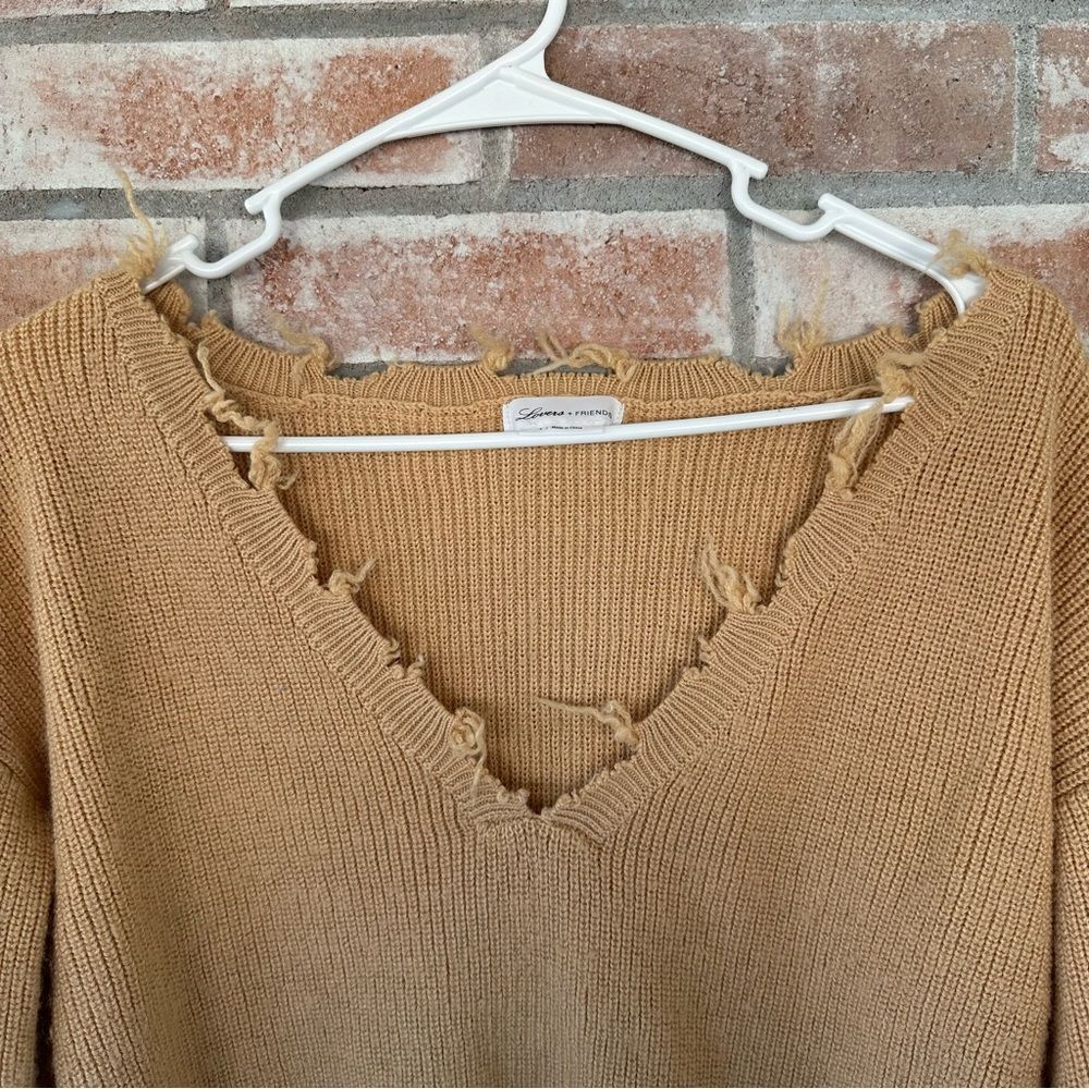 Lovers + Friends Revolve Prospect V Neck Knit Sweater Distressed Tan Crop Small - Picture 3 of 9
